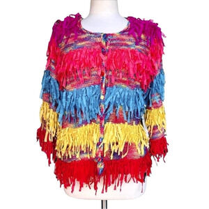 DESIGN OPTIONS Size XL Multucolor Fringes 3/4 Sleeve Knit Button Sweater